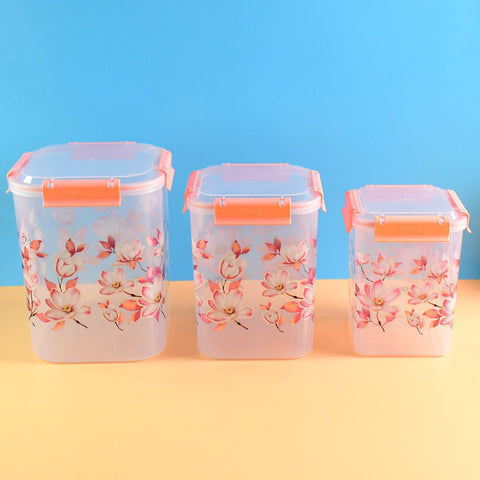 Square 3 Pcs Floral Printed Airtight Storage Container Set (3 Pcs Set)