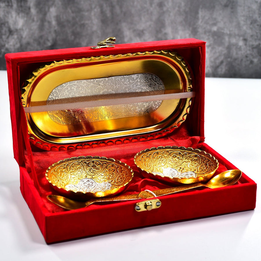 Gold Silver Plated 2 Bowl 2 Spoon Tray Set