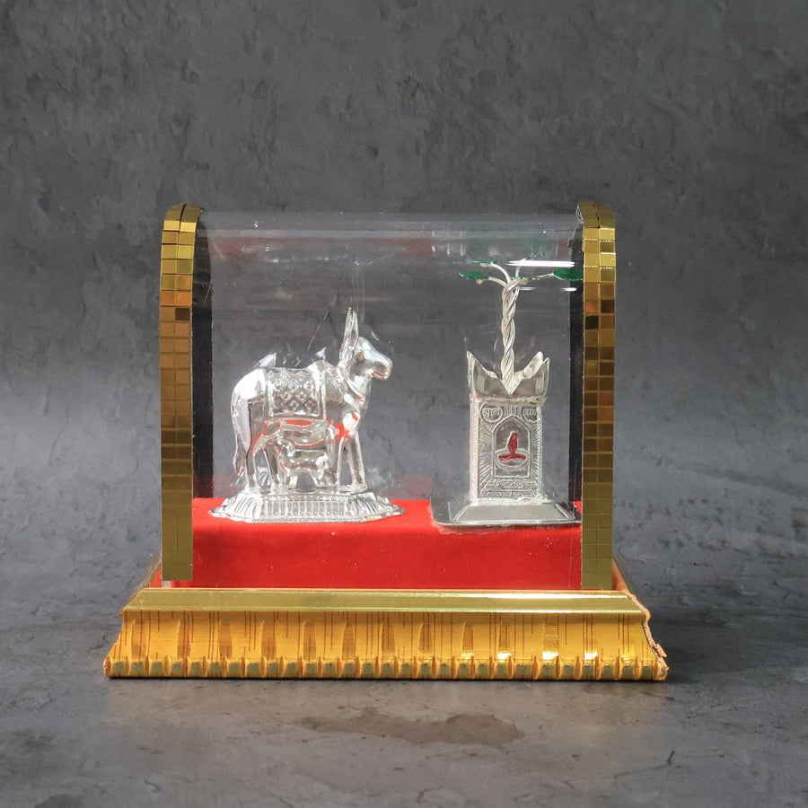 Decorative Kamdhenu Cow with Calf and Tulsi Plant Idol Set